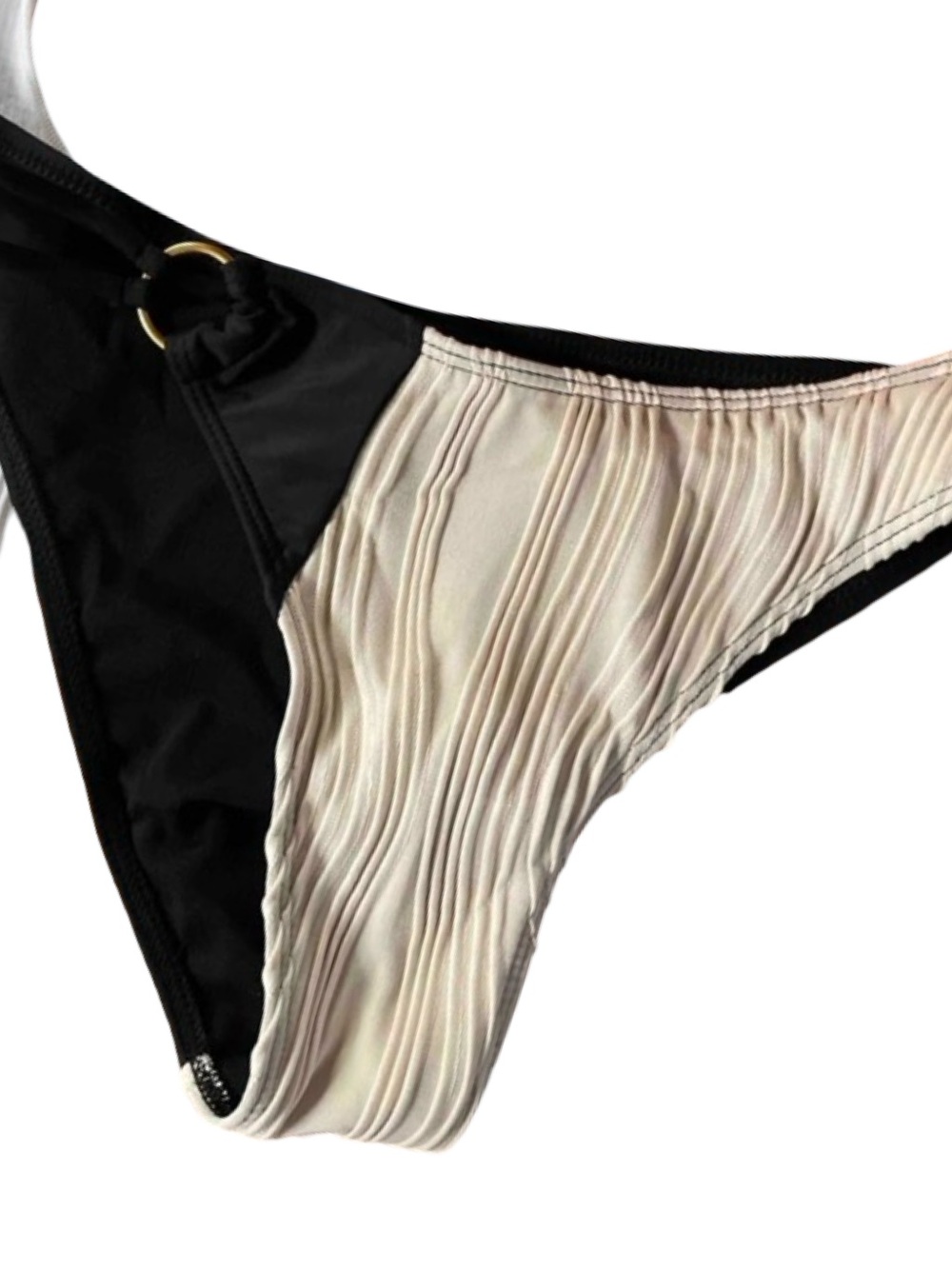 Black & Cream Pleated Triangle Bikini Set with Gold Ring Detail | NWOT - Picture 5 of 7